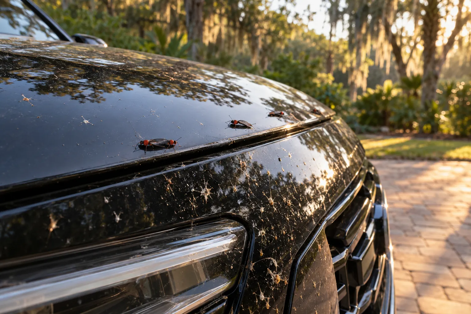 Lovebug pairs and dried lovebug splatter on the hood and front bumper of a glossy black SUV in a Florida driveway at golden hour